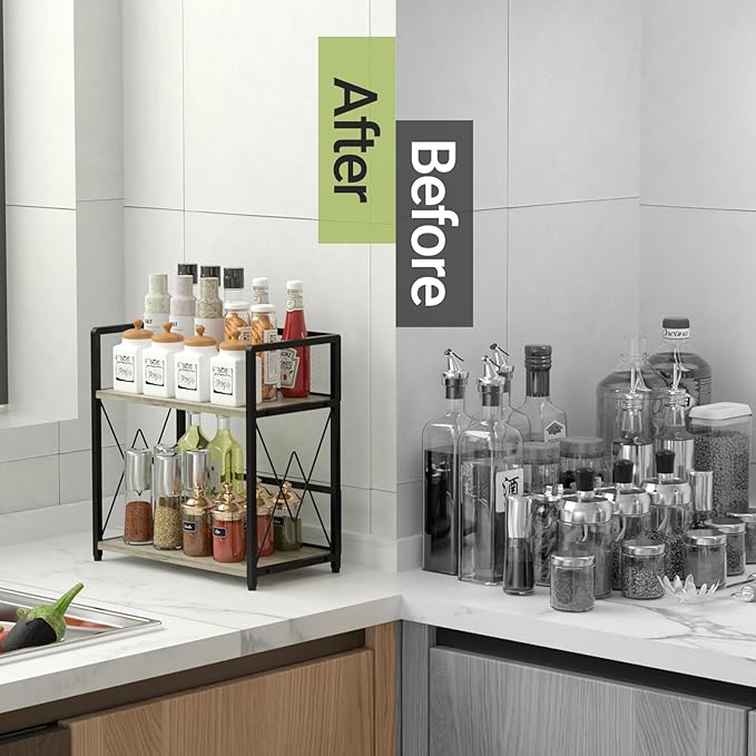 Aduanbang Coffee Bar Accessories Organizer, Seasoning Organizer, 2 Tier Wooden Kitchen Counter Shelf, Coffee Organizer Station for Countertop, Coffee Condiment Rack for Mugs, Cups, Cream, Syrup-NeatNest