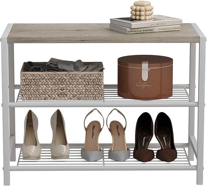 HOMEFORT 3-Tier Shoe Rack, Shoe Storage Shelf, Industrial Shoe Tower, Narrow Shoe Organizer for Closet Entryway, Small Shoe Rack Table with Durable Metal Shelves, White Oak-NeatNest