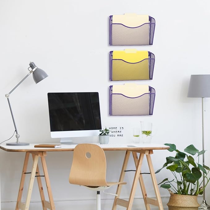 EASEPRES 3 Single Pocket Mesh Hanging File Organizer, Vertical Wall Mounted Magazine File Holder, Mount Basket Mail Paper Document Folder Organizing for Office, Home and School, Purple