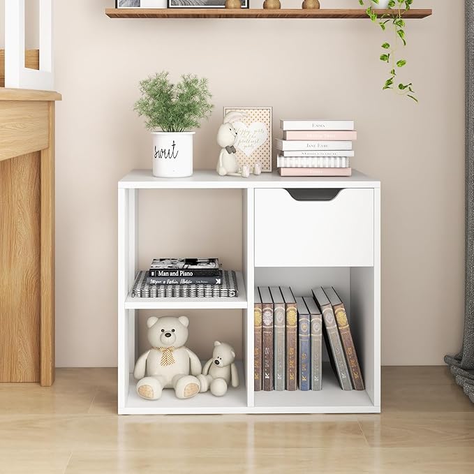 Giantex 3 Cube Bookcase with Drawer, 2 Tier Bookshelf for Small Space, Modern Freestanding Display Rack with Open Shelves, White Book Case, Wood Cube Storage Organizer Bedroom Living Room