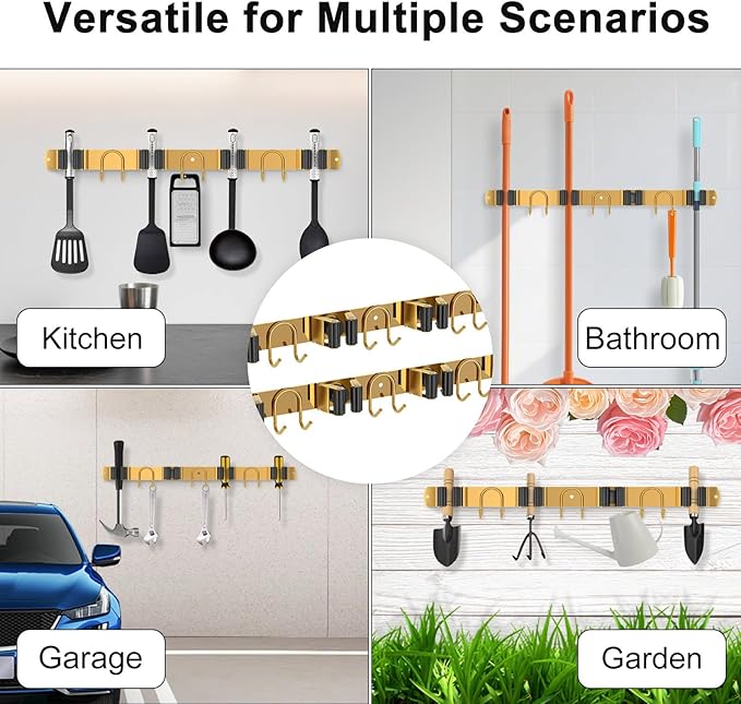 Mop Broom Holder Wall Mount, 2 Packs Gold Stainless Steel Tool Storage Organizer for Kitchen Garden Garage Laundry Room Bathroom and RV with 4 Slots 6 Hooks-NeatNest