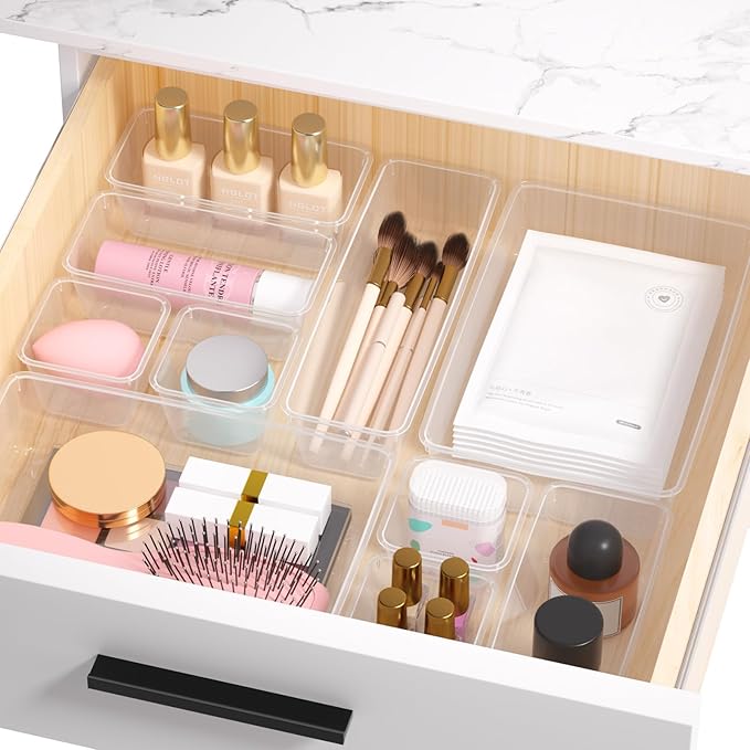 72 PCS Plastic Drawer Organizer Set, 4-Size Clear Bathroom and Vanity Desk Drawer Organizer Trays, Non-Slip Versatile Storage Divider Bins for Makeup Jewelry Bedroom Office Kitchen Gadgets-NeatNest
