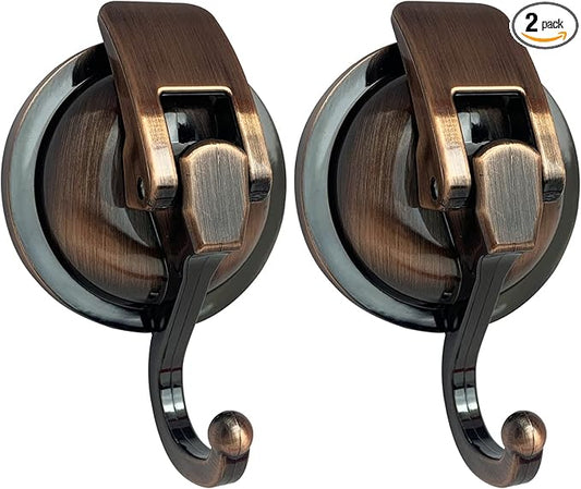 Heavy Duty Vacuum Suction Shower Hooks, Glass Suction Cup, for Bathroom Robe and Garland Decoration (2 Pack, Antique Brass)
