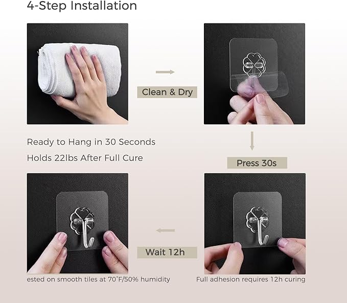 22lb Adhesive Hooks Heavy Duty, 10 Pack, No Drill Wall Hooks for Bathroom & Kitchen, Transparent Reusable Waterproof Towel Hooks for Smooth Surfaces