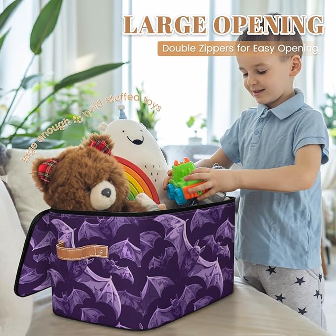 Halloween Bat Storage Bins with Lids, Purple Bats Fabric Storage Boxes with Zipper, Collapsible Decorative Closet Organizer Cube for Clothes,Organizing, Shelves-NeatNest