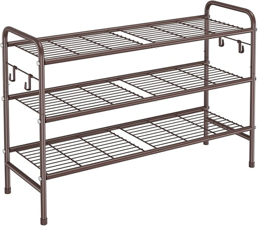 3 Tier Shoe Rack 33" Wide Metal Shoe Organizer Long Shoe Storage with 4 Side Hooks Sturdy Shoes Shelf for Front Door Entrance, Closet, Garage, Dorm, Brown-NeatNest