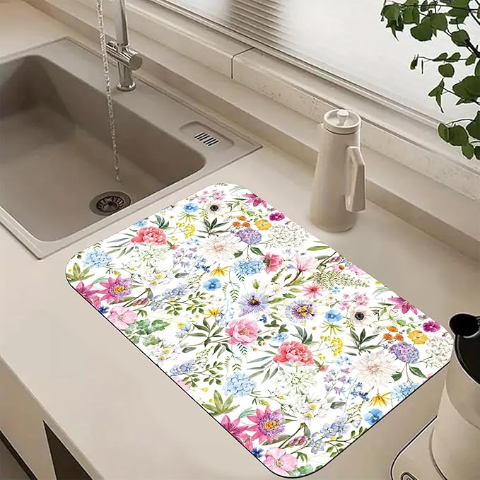 Colorful Flower Dish Drying Mats for Kitchen Counter Absorbent Fast Dry Dish Drainer Rack Mats for Dishes Utensils Pot and Pan, Kitchen Accessories 20"x12"-NeatNest