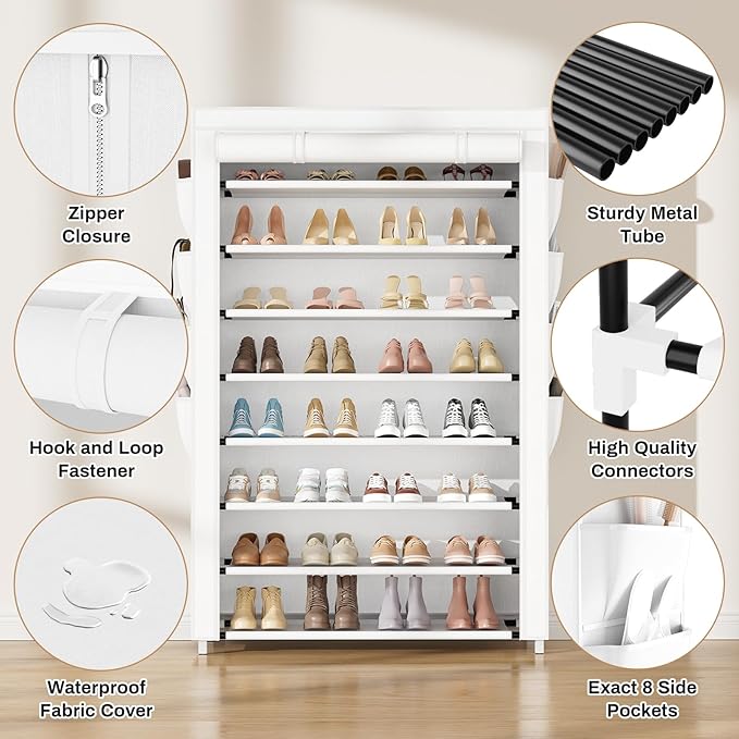 Shoe Rack with Cover, 8 Tier Tall Shoe Organizer Storage for 36-45 Pair Shoes and Boots Large Shoe Storage Shelf Free Standing Shoe Rack for Closet, Front Door Entrance, Dorm, Garage, White-NeatNest