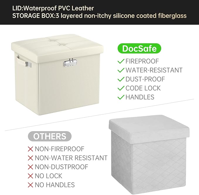 DocSafe Storage Ottoman with Lock,Fireproof＆Waterproof 17 Inches Folding Storage Box with Handles Safe for Important Documents,Leather Storage Ottoman Storage Chest for Living Room,Bedroom,Beige-NeatNest