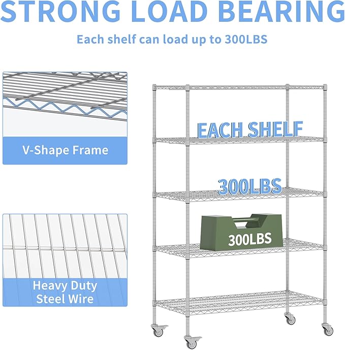 5 Tier Metal Shelving Unit with Wheels, 72" H x 48”W x 24”D Industrial Storage Shelves 1500 LBS Load Capacity, Steel Wire Storage Shelving for Garage, Kitchen, Pantry, Living Room-NeatNest