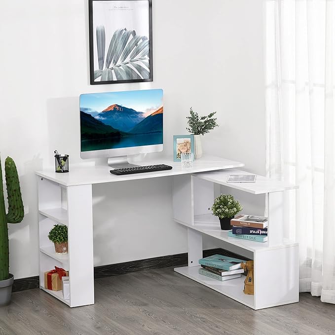 HOMCOM L Shaped Desk, Corner Computer Desk, 360 Degree Rotating Home Office Desk with Storage Shelves, Writing Table Workstation, White-NeatNest