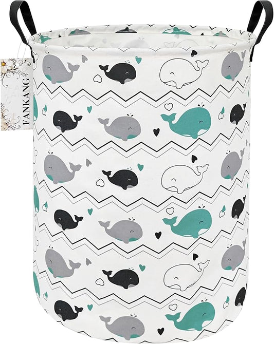 FANKANG Storage Basket, Nursery Hamper Canvas Laundry Basket Foldable with Waterproof PE Coating Large Storage Baskets for Kids Boys and Girls, Office, Bedroom, Clothes,Toys(Whales)
