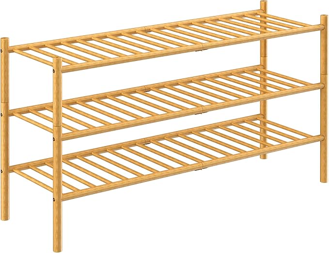 3-Tier Bamboo Long Shoe Rack, Free Standing Wood Shoe Shelf Storage Organizer for Closet Entryway Stackable 35"x11"x20" (Natural)-NeatNest