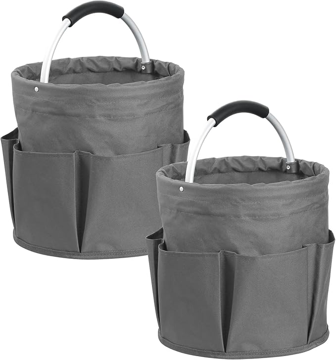 2Pcs Cleaning Caddy with Handle and 6 Pockets, 17L Foldable Cleaning Supply Caddy, Portable Shower Caddy in 600D Oxford Fabric, Multifunctional Storage Basket for Camping, Garden, Dark Gray-NeatNest