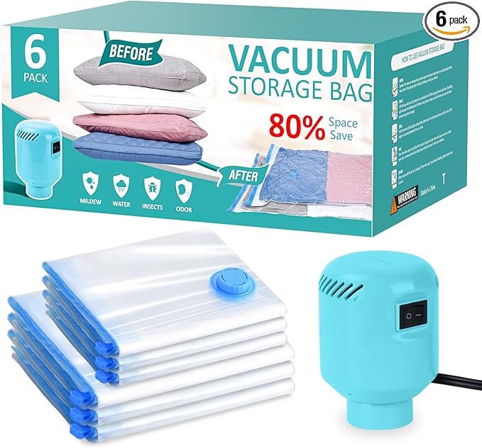 Vacuum Storage Bags with Electric Pump, Travel Vacuum Bags,Space Saver Vacuum Storage Bags，Vacuum Seal Bags for Clothes, Bedding,Blankets,Duvets, Pillows (6 Pack)-NeatNest