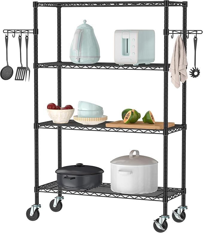 4-Tier Storage Shelving Unit with Wheels, Metal Rolling Storage Shelves Adjustable Layer Steel Rack Shelf, Wire Shelving Storage for Kitchen Garage Pantry Office, Black (14D x 36W x 57H)
