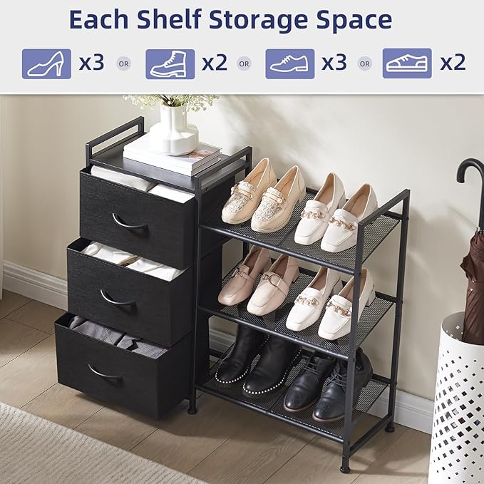 Somdot Shoe Rack, 3 Tier Shoe Organizer with 3 Drawers, Metal Shoe Storage Shelf for 6-9 Pairs of Shoes, Narrow Shoe Rack for entryway, Black-NeatNest
