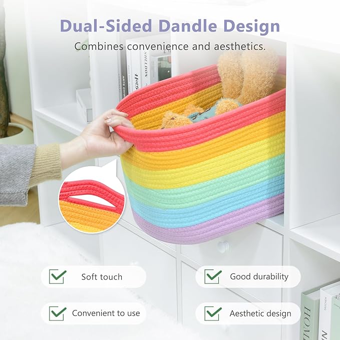 Cotton Rope Storage Basket, 15x10x9 Inches, Woven Basket for Shelves, Clothes, Toys, Towels, Books, and Laundry, Durable and Stylish, Rainbow (2 Pack)-NeatNest