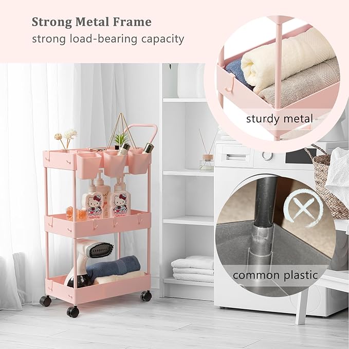 danpinera Slim Storage Cart, 3 Tier Narrow Rolling Cart on Wheels Bathroom Organizer with Dividers Handle Hanging Cups Hooks for Laundry Room Kitchen Small Spaces, Pink
