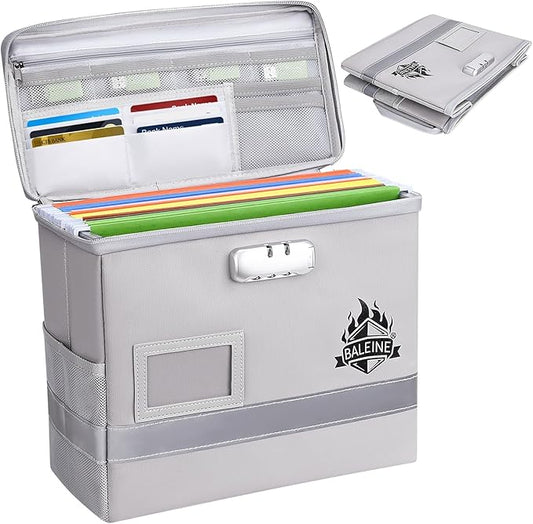 BALEINE Fireproof Document Box with Lock, Portable Fireproof Document Bag Waterproof Fire Proof File Boxes for Documents, File Organizer Box for Important Paperwork (Silver, 12.5''x10.5''x6'')