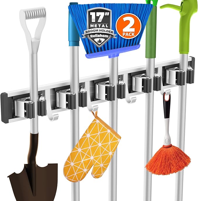 2 Pack Broom Holder Wall Mount Mop and Broom Hanger Wall Mounted Garage Storage Rack Kitchen Garden Tool Organizer (5 Racks with 4 Hooks, Black)-NeatNest