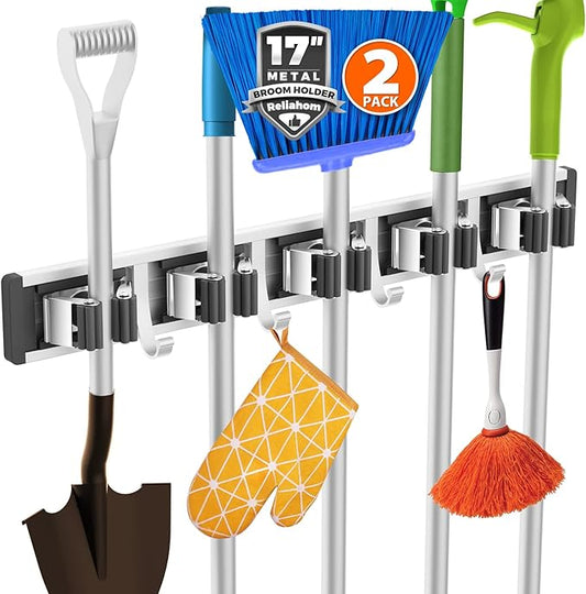 2 Pack Broom Holder Wall Mount Mop and Broom Hanger Wall Mounted Garage Storage Rack Kitchen Garden Tool Organizer (5 Racks with 4 Hooks, Black)-NeatNest