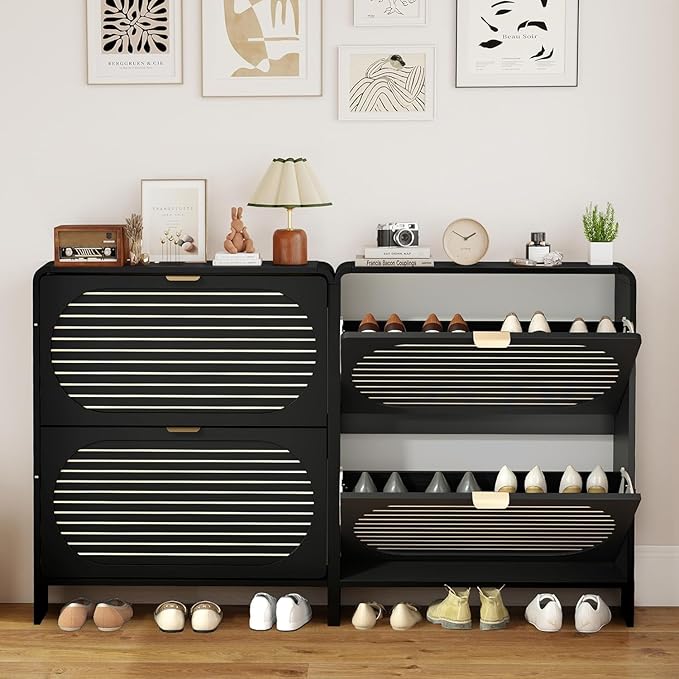 Narrow Shoe Cabinet for Entryway with 2 Flip Drawers, Curved Shoe Storage Cabinet with Stripe Panel, Freestanding Wooden Shoe Organizer Farmhouse Closed Shoe Rack for Hallway, Foyer(Black)-NeatNest