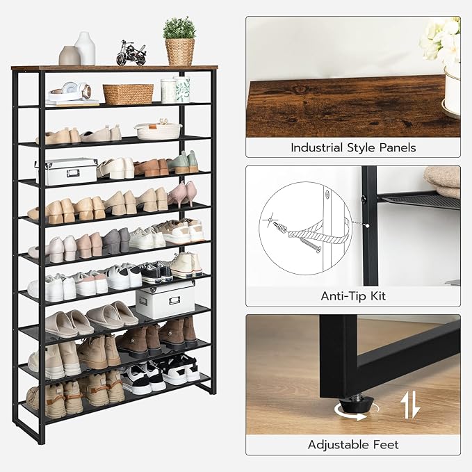 HOOBRO 10-Tier Shoe Rack, 39.4" L Shoe Storage Organizer, Large Capacity Shoe Shelf for Front Door Entrance, Entryway, Hallway, Holds 45-50 Pairs of Shoes, Closet, Rustic Brown BF171XJ01-NeatNest