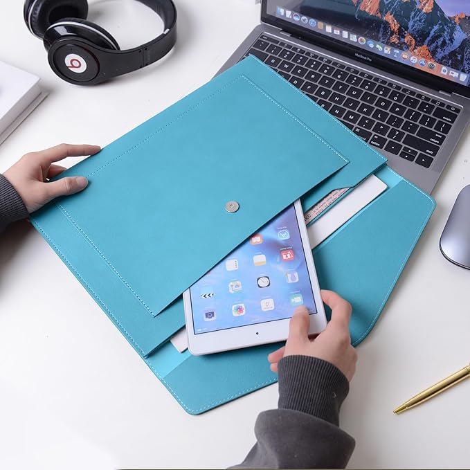 Wason Expanding A4 Document File PU Leather Envelope Case Holder-Large Size Pockets for Paper Bills Stationery Tablet and PC, Work Study Traveling (Cyan)