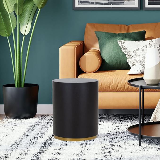 kevinplus Black Side Table End Table for Living Room, Bottom Gold Rim Design, Black & Gold (ø15.6'' x 19.5'')