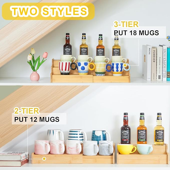 3-Tier Expandable Bamboo Mug Holder For Countertop Coffee Cup Holder Display Mug Organizer Mug Rack for Coffee Bar Organizer Mug Shelf for Cabinet for Kitchen, Home-NeatNest
