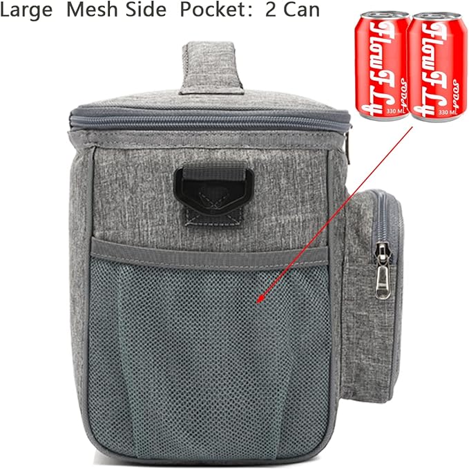 FlowFly Insulated Reusable Lunch Bag Adult Large Lunch Box for Women and Men with Adjustable Shoulder Strap,Front Zipper Pocket and Dual Large Mesh Side Pockets,Grey-NeatNest