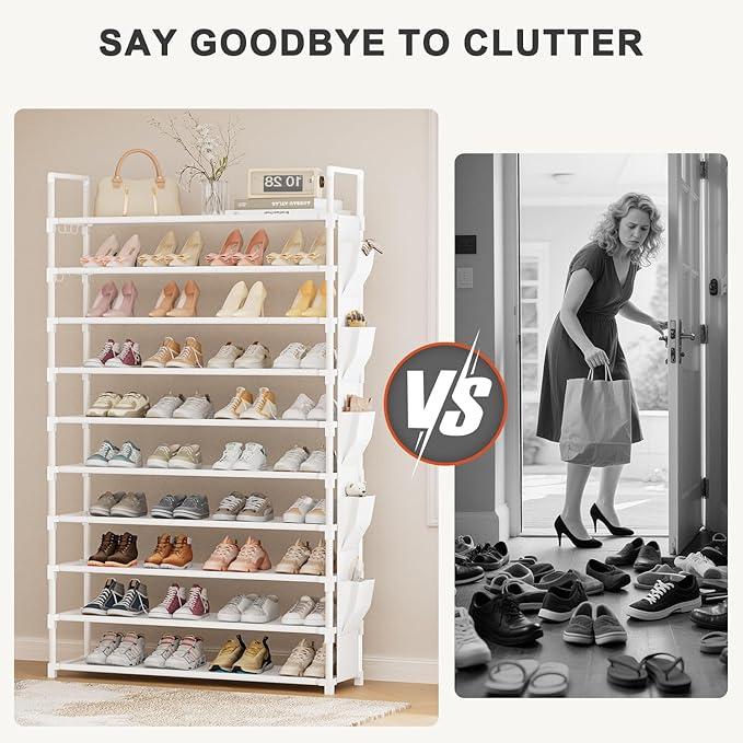 Tall Shoe Rack 10 Tier Shoe Racks Organizer for Closet 40-45Pairs,Large Capacity Storage Rack for Shoes with 5Hooks,Sturdy Metal Shoe Shelf, Vertical Shoe Stand Tower-NeatNest