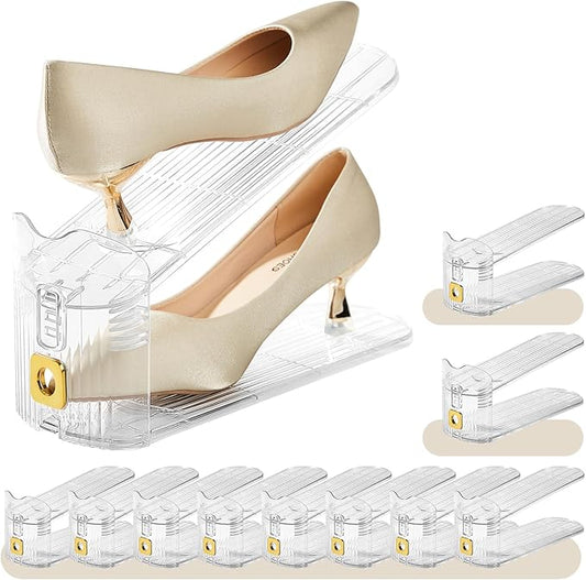 10 Pack Clear Shoe Slots Organizer for Closet, Adjustable Shoe Stackers for a Pair of Shoes,Shoe Storage Shoe Space Saver 50% Shoe Shelf Display Holder for Closet-NeatNest