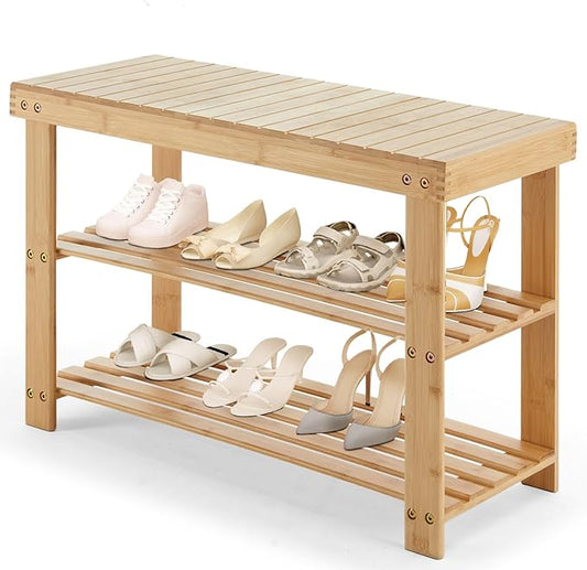 Sweetcrispy 3-Tier Shoe Rack Bench, Bamboo Entryway Storage Organizer, Shoes Stand for FrontDoor Entrance, Bedroom, Living Room, 286lb Capacity, 11.3 x 27.6 x 17.8 Inches, Natural Wood