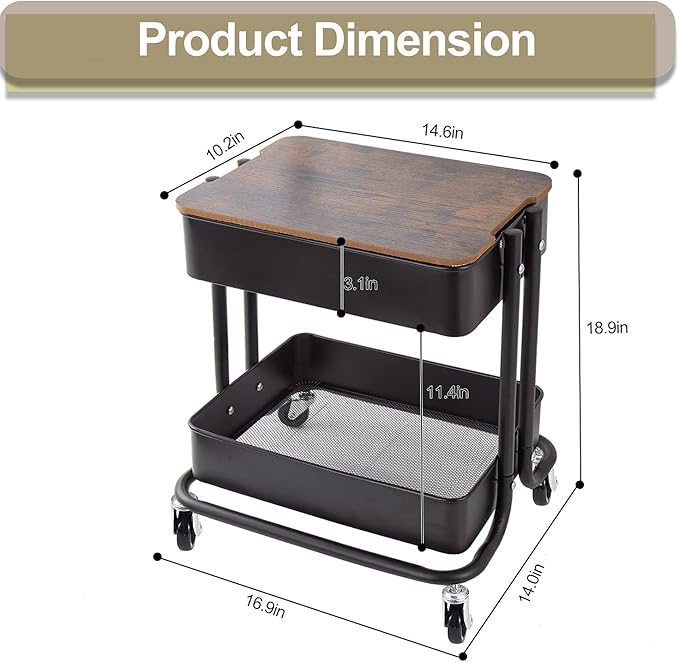 Melody House 2 Tier Metal Utility Rolling Cart Storage Organizer with Cover Board, Mobile Trolley Sofa Side Table with Wheels for Office Home Kitchen Organization, Black