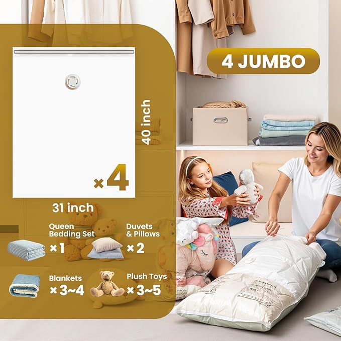 TAILI 4 Pack Vacuum Storage Bags, Jumbo Vacuum Seal Bags for Clothing (40x31 Inch), Space Saver for Bulky Bedding, Comforters, Blankets, Pillows, Large Closet Organization and Storage-NeatNest