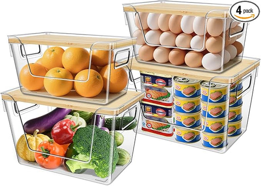 4 Set Pantry Organizers and Storage with Bamboo Cover, Fruit and Vegetable Can for Kitchen Organizer, Clear Front Open Bins with Handle Storage Bins for Potato, Onion, Garlic, Fruits, Vegetable