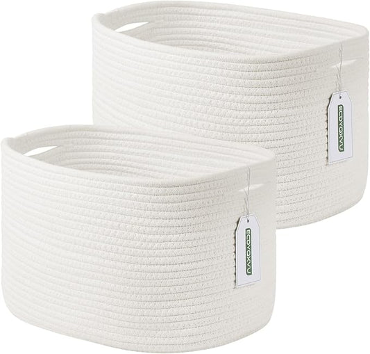 Cotton Rope Storage Basket, 15x10x9 Inches, Woven Basket for Shelves, Clothes, Toys, Towels, Books, and Laundry, Durable and Stylish, White (2 Pack)-NeatNest