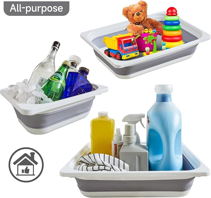 Beright 2 Pack Storage Bins, Collapsible Wash Basin Folding Dish Tub Sink, Space Saving for Dishing, Fruit, and Camping, Hiking and Home, Grey, 2 in 1 Set-NeatNest