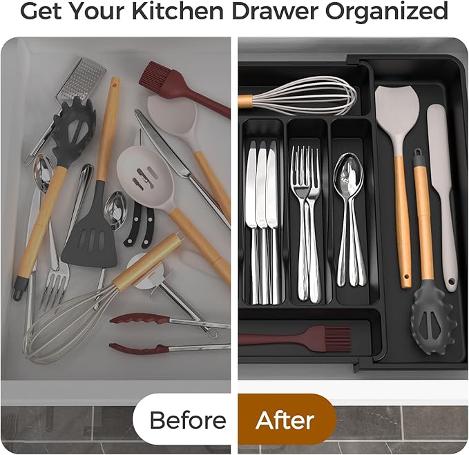 Extra Large Expandable Silverware Organizer, BPA-Free Food-Safe Cutlery Flatware Organizer, Kitchen Utensil Drawer Organizer, Adjustable Silverware Holder for Spoons Forks Knives, Black-NeatNest