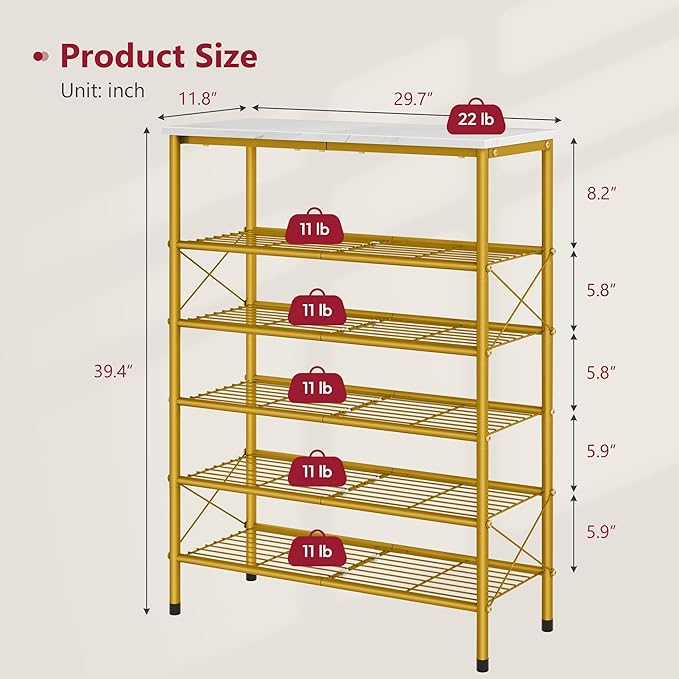 Tajsoon 6 Tier Shoe Rack Organizer for 20-24 Pairs of Shoes, Metal Mesh Shoe Shelf for Closet, Industrial Shoe Rack for Entryway Shoe Storage with X Shape Fixed Frame, White & Gold-NeatNest