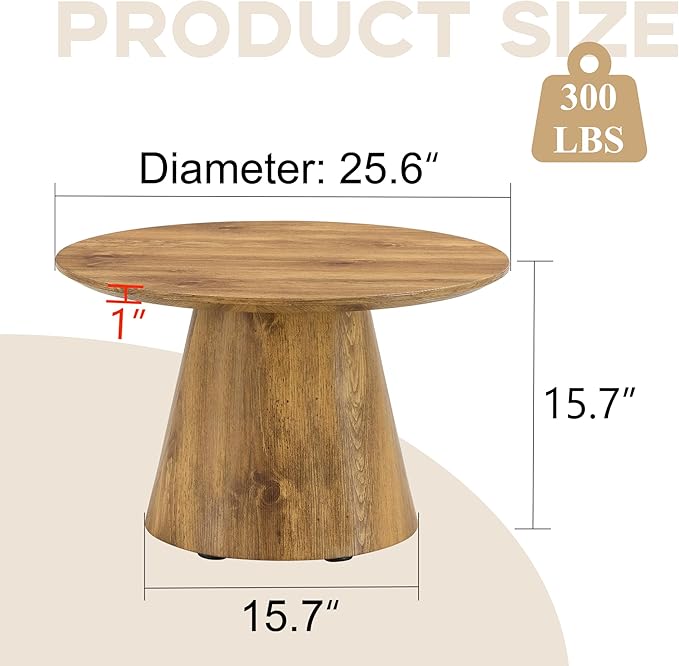 25.6" Small Round Coffee Table, Wood Mid Century Modern Coffee Tables with Pedestal Base, Space Saving Circle Center Table for Living Room, Small Space, Apartment (Wood)