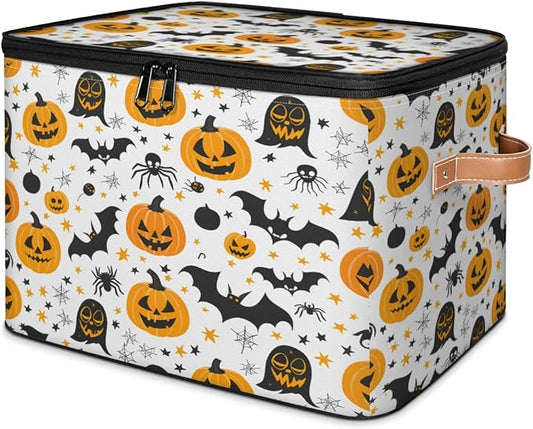 Halloween Pumpkin Storage Bins with Lids, Boho Ghosts Bat Fabric Storage Boxes with Zipper, Collapsible Decorative Closet Organizer Cube for Clothes,Organizing, Shelves-NeatNest