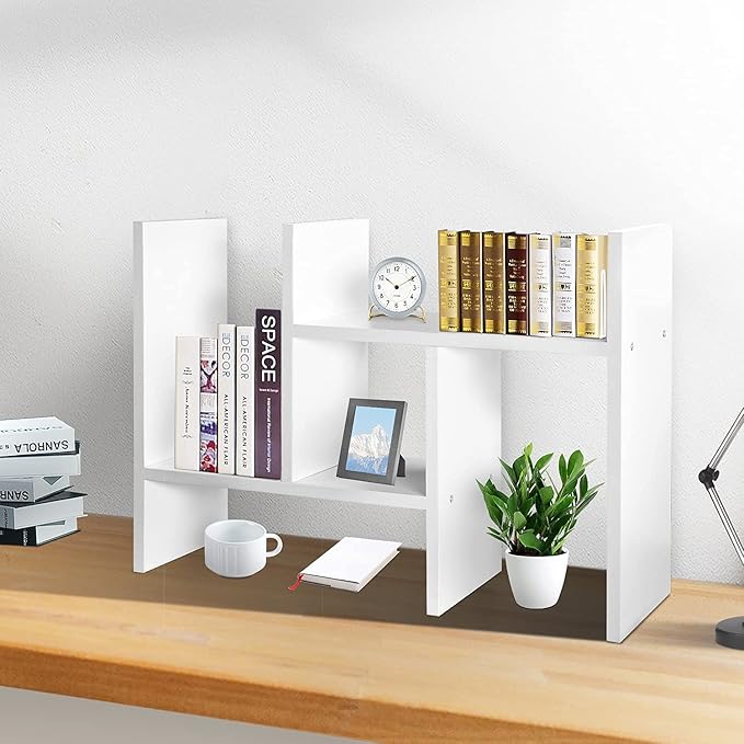 J.M.Deco Desktop Organizers and Storage for Office, Adjustable Desktop Organizer Shelves Double H Display, Desktop Shelf Organizer True Natural Stand Shelf (White)-NeatNest