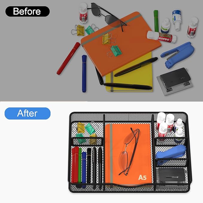 Desk Drawer Organizer, Metal Mesh Drawer Organizer Tray with 6 Adjustable Compartment, Tray Organizer for Desktop, Kitchen, Bathroom, Makeup, Vanity - 14.5x8.8x1.96 inch, Black, 1PC Large-NeatNest