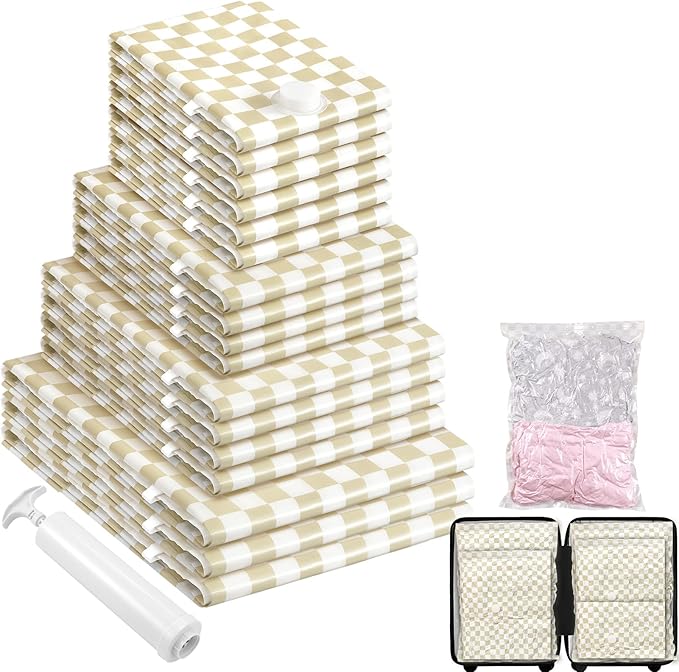 17Pack Vacuum Storage Bags, Vacuum Seal Bags for Clothing with Hand Pump, 3 Jumbo+4 Large+4 Medium+6 Small, 80% Space Saver Bags for Luggage,Comforters,Blankets, Home Travel Essentials(Khaki Check)-NeatNest