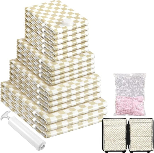 17Pack Vacuum Storage Bags, Vacuum Seal Bags for Clothing with Hand Pump, 3 Jumbo+4 Large+4 Medium+6 Small, 80% Space Saver Bags for Luggage,Comforters,Blankets, Home Travel Essentials(Khaki Check)-NeatNest