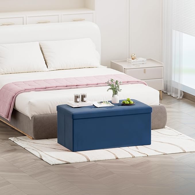 BRIAN & DANY Folding Storage Ottoman Bench, Ottoman with Storage, Foot Rest, Benches Seat for Bedroom, Living Room, Entryway, Long Shoes Bench, 15.7" x 31.5" x 15.7" Blue-NeatNest