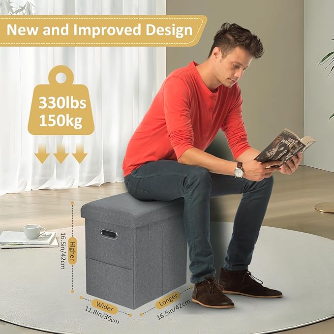 Tall Ottoman with Storage Collapsible Fabric Small Slim Folding Ottoman Furniture with Handles Lid for Room Footrest Foot Stool Linen Grey 16.5x16.5x11.8in